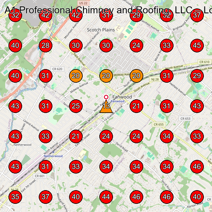 A1 Professional Chimney and Roofing, LLC GeoGrid visibility map for Roofing Contractor in None